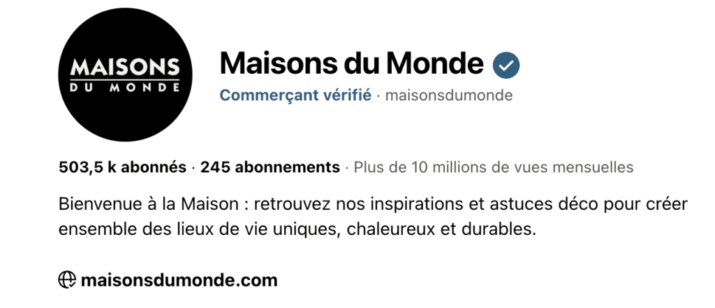 optimiser son profil pinterest : la description du profil pour gagner en visibilité. Exemple sur le compte Pinterest de Maisons du Monde