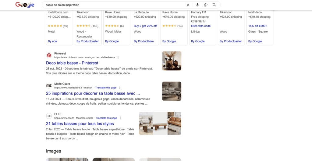 Google propose en première page de recherche certains tableaux Pinterest bien optimisés