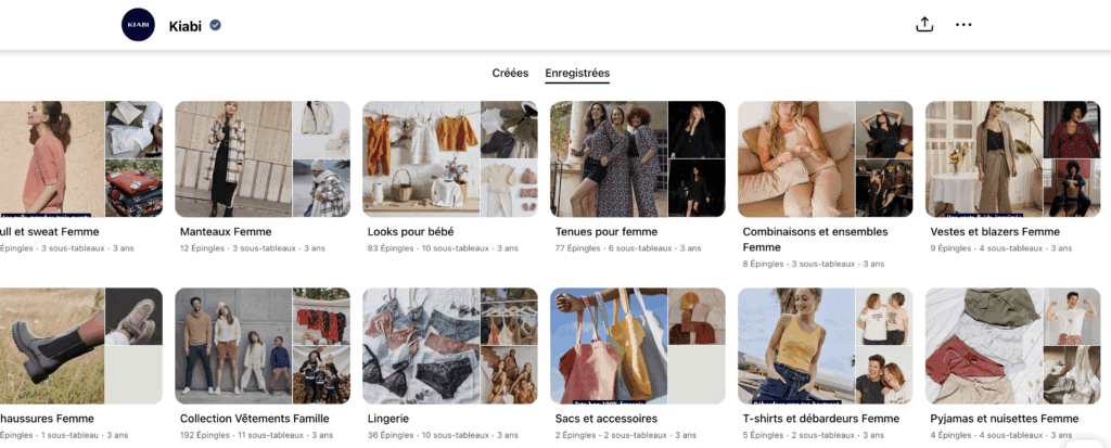 optimiser son profil pinterest : ds titres de tableaux bien pensés feront gagner en visibilité. Exemple sur le compte Pinterest de Kiabi